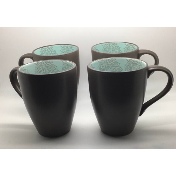 222 Fifth Coffee Mugs 12 oz Chandi Blue Brown Turquoise Flower Design Set Of 4 - Picture 2 of 2